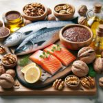 Image of omega-3 rich foods like fish and walnuts, appealing to seniors
