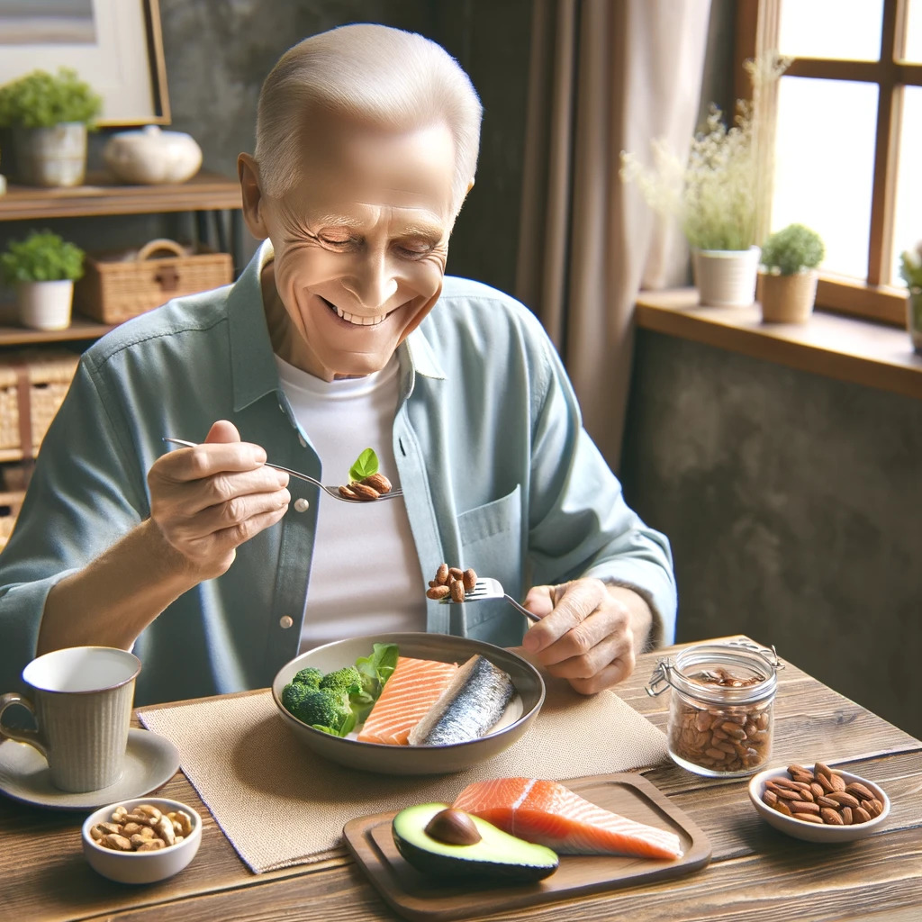 Image of a senior enjoying a balanced diet rich in healthy fats