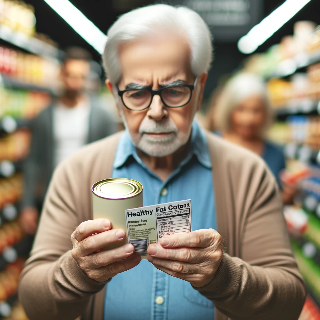 Image of a senior reading food labels for healthy fat content