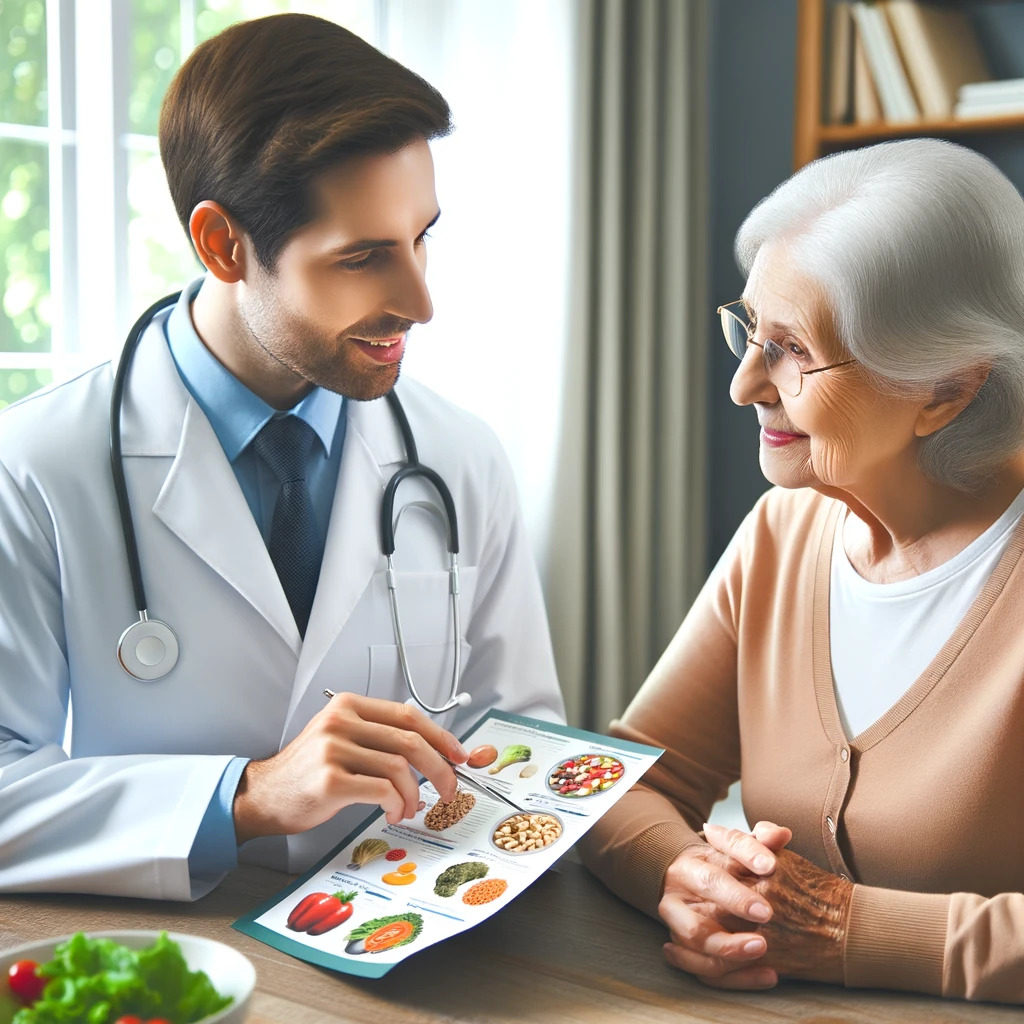 Image of a doctor discussing diet choices with a senior
