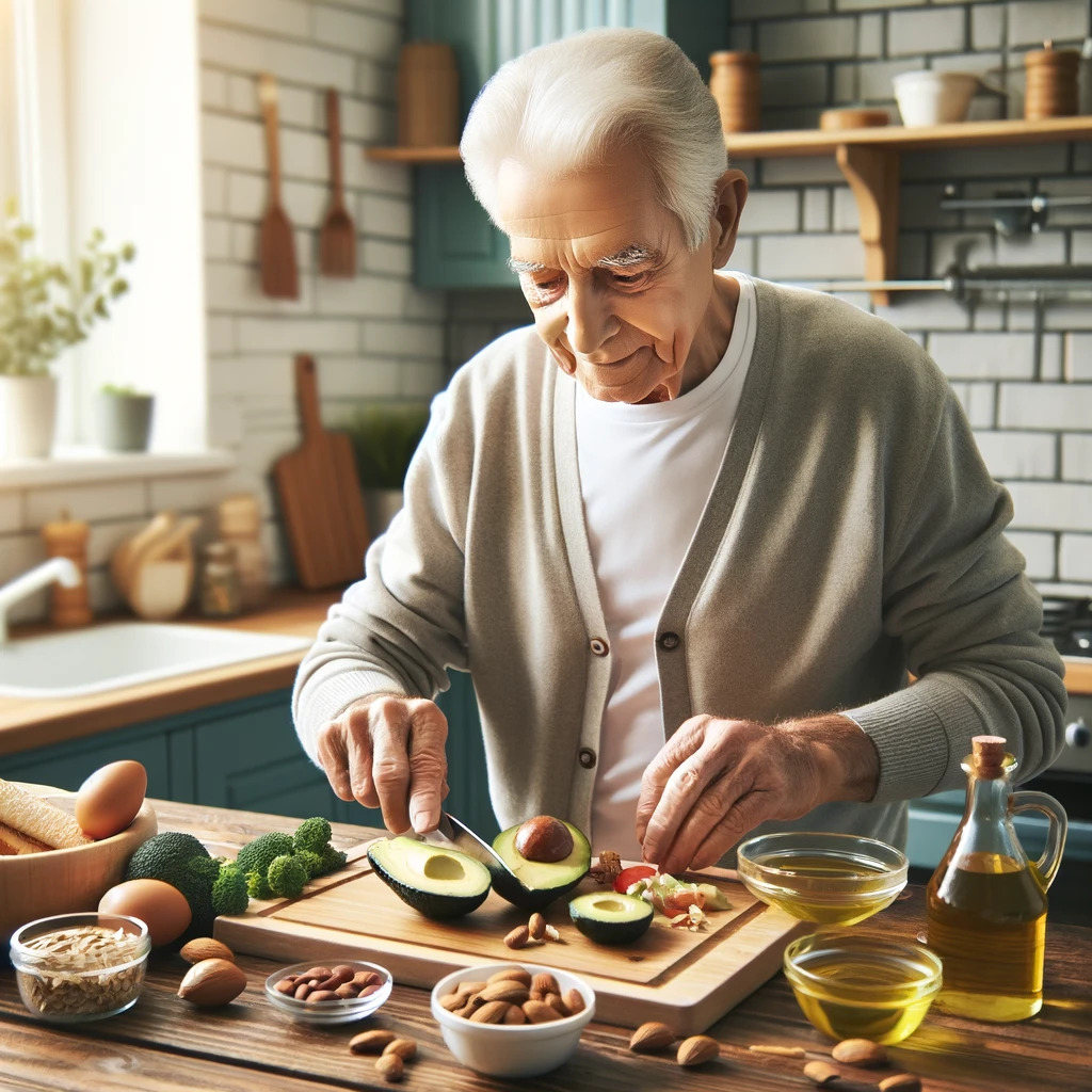 Image of a senior preparing a meal with various healthy fats