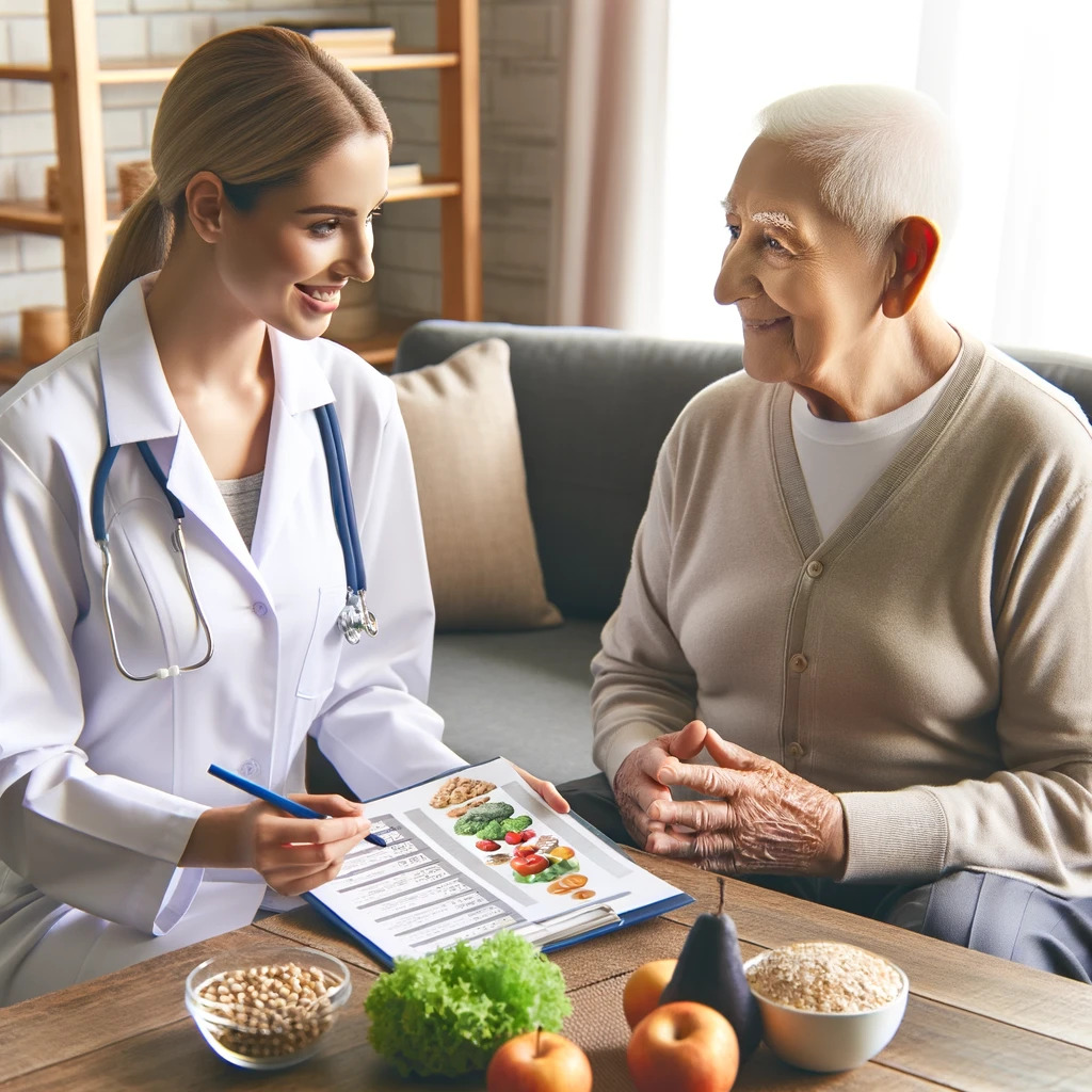 Image of a nutritionist planning a balanced diet for a senior