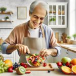 Image of a senior making a colorful fruit salad