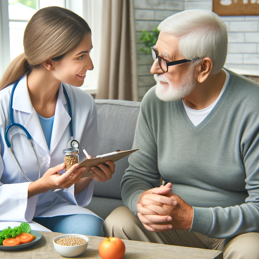 Image of a senior discussing dietary needs with a nutritionist