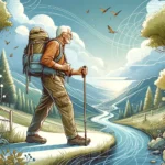 illustration of an elderly person traveling, showcasing their spirit of adventure and joy in exploring the beauty of the natural world.