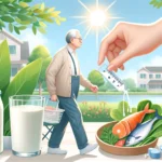 Senior person enjoying sunlight outdoors and consuming calcium and vitamin D-rich foods like milk, leafy greens, and fish, emphasizing their importance in senior health.