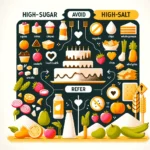 Infographic contrasting high-sugar and high-salt foods with healthier alternatives, showcasing the benefits of reduced intake for heart health and lower blood pressure.