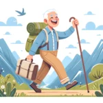 illustration of a joyful elderly person traveling alone