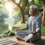 Senior person meditating in a peaceful natural setting, embodying tranquility and mindfulness
