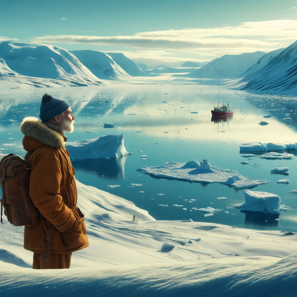 The essence of serenity and the spirit of exploration in the Arctic are vividly captured, highlighting the serene beauty and rugged wilderness of Svalbard.