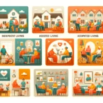 An illustration of various senior living arrangements including independent living, assisted living, and home modifications
