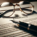 a close-up view of a legal document with a pen and glasses