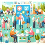 Illustration of seniors engaging in various health care planning activities in a supportive community setting.