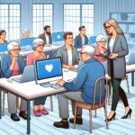 A group of seniors learning computer skills in a community center