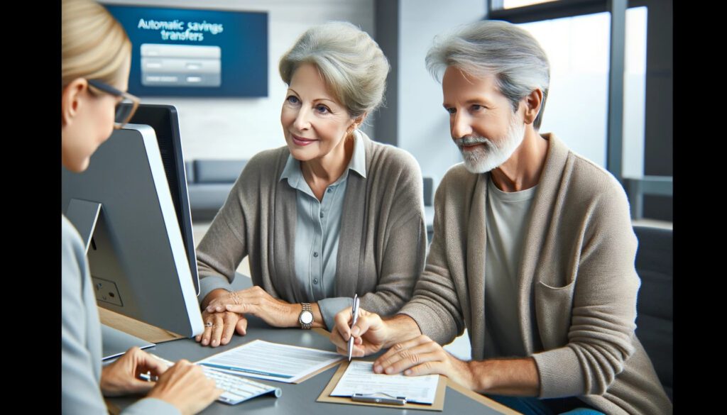 Emergency Fund for Seniors: Martha’s Journey 2 - Emergency Fund for Seniors Martha setting up automatic savings transfers at her bank