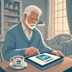 Senior man updating his LinkedIn profile on a tablet.