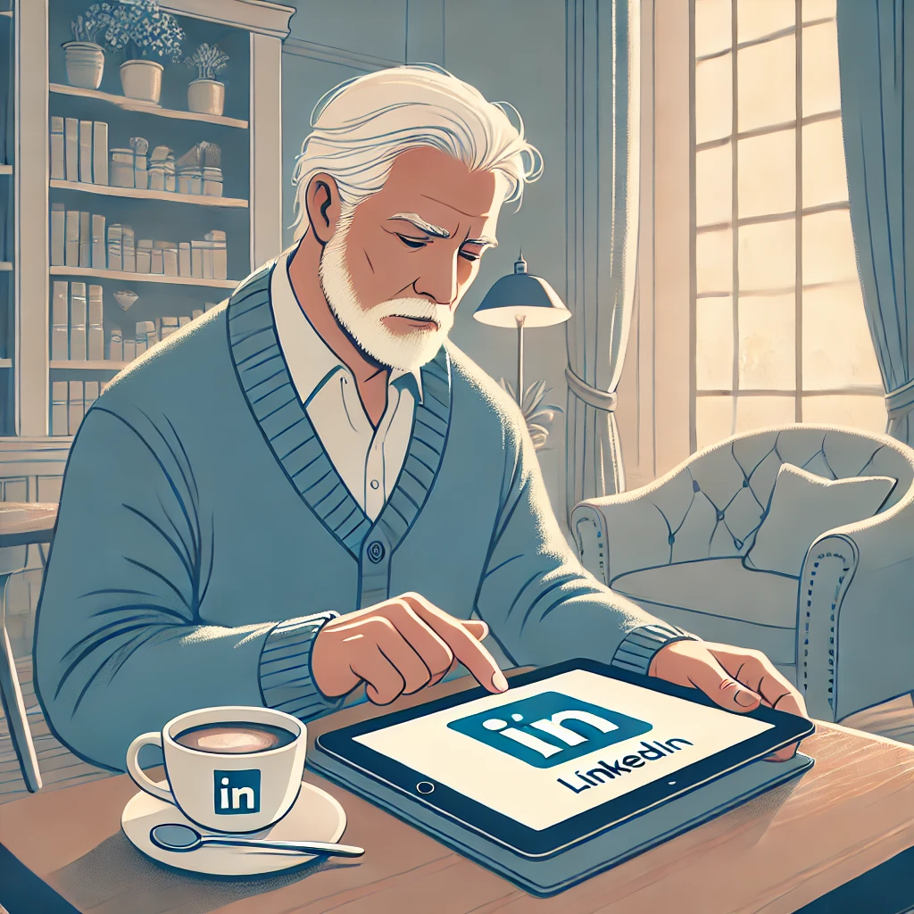 Senior man updating his LinkedIn profile on a tablet.